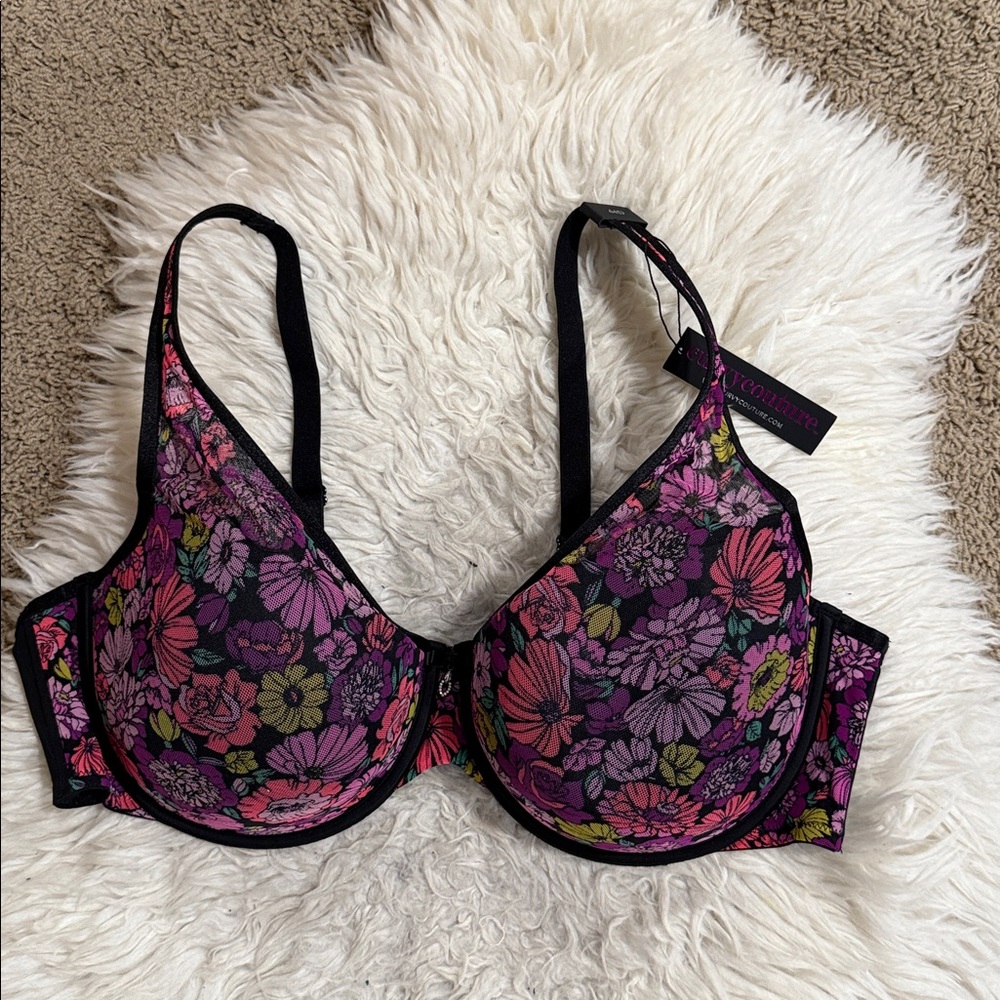 Curvy Couture Women's Sheer Mesh Plunge‎ T-shirt Bra Retro Roses Size 44D NWT